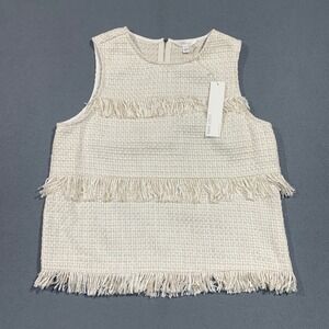 LOST APRIL Anthropologie Womens L Textured‎ Fringe Sleeveless Top Cream Gold
